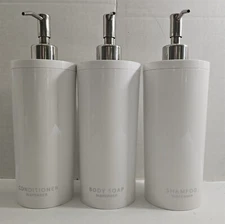 3 White Round Plastic Minimalist Body Soap Shampoo Conditioner Dispenser Set