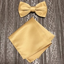 Tan Gold Solid Men's Butterfly Style Pre-tied Bowtie Pocket Square Hanky Set