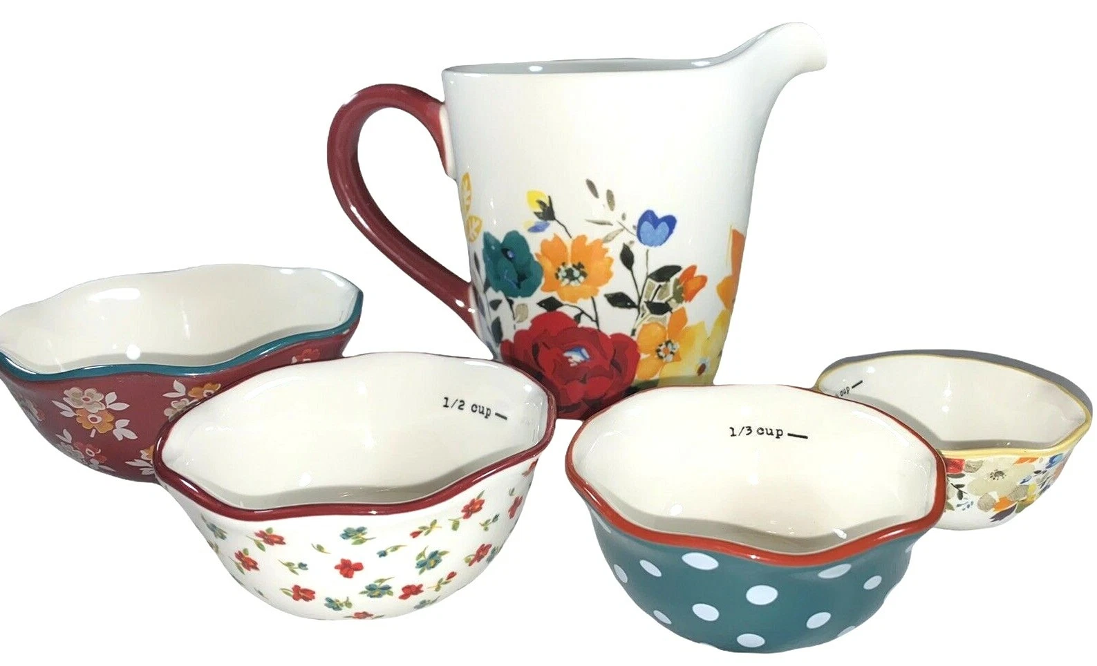 Pioneer Woman 5 Piece Prep Set Stoneware Nesting Bowls & Large Measuring Cup