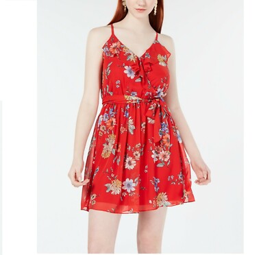 BCX Junior Womens M Red Blue Floral Ruffle Detail Belted Fit Flare Dress NWT