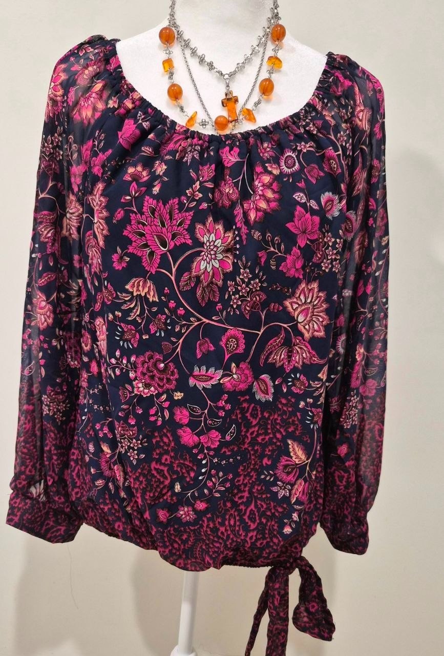 Airy Floral Blouse – Sheer Sleeves – Lined Bodice – Adjustable Tie Hem