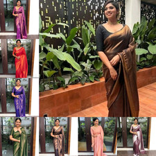 Traditional South Indian Women Soft Lichi Silk Saree Gold Zari Work Sari Blouse