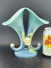Roseville White Rose Blue Double Vase # 145-8" With Repair To Base And Chip Pics