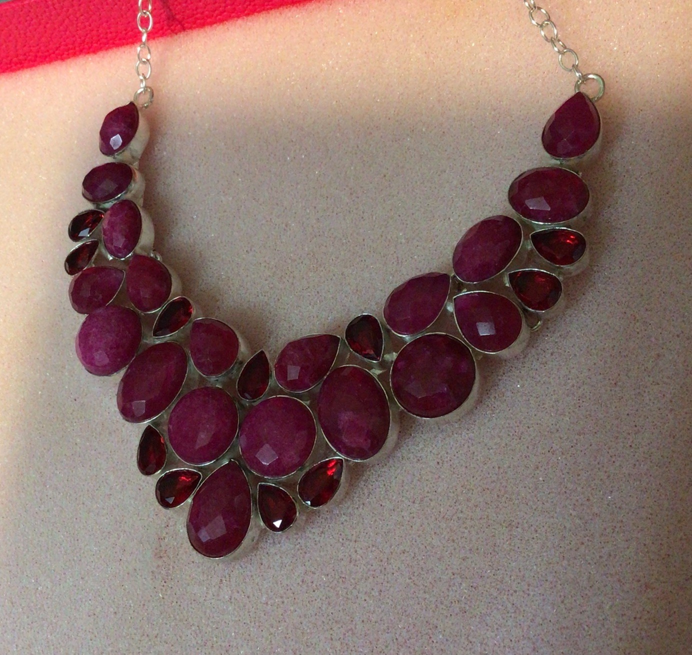 925 Silver Plated Simulated Ruby Garnet Big Clust… - image 4
