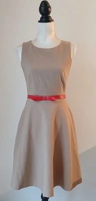 HALLHUBER KLEID GR. 34 BEIGE MIT ROTEM GÜRTEL INNENFUTTER REISSER OHNE ARM - Bild 1 von 4