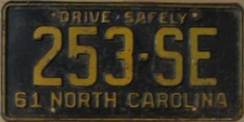 1961 North Carolina passenger truck license plate 253 SE