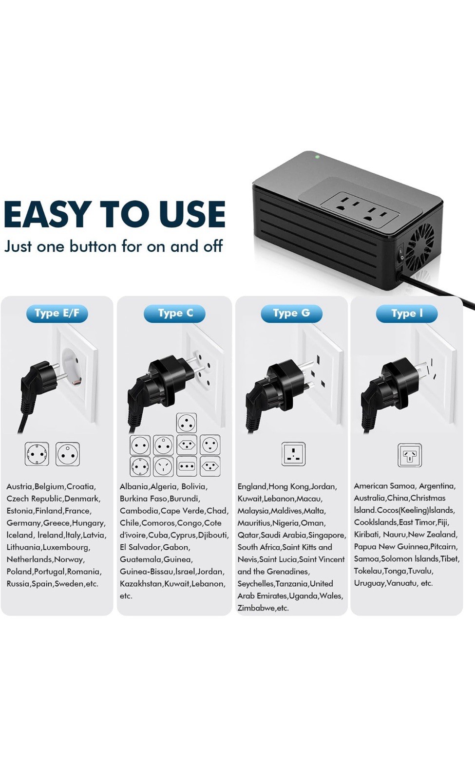 1200W Universal Travel Adapter Converter Step-Down 220V to 110V, Pure Sine Wave