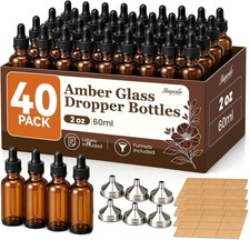 2 oz Glass Dropper Bottles with 6 Stainless Steel Funnels 48 Labels, Amber