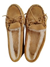 Minnetonka Women's Leather Brown Slippers, Size 7 Sheep Fur Lined House Shoes