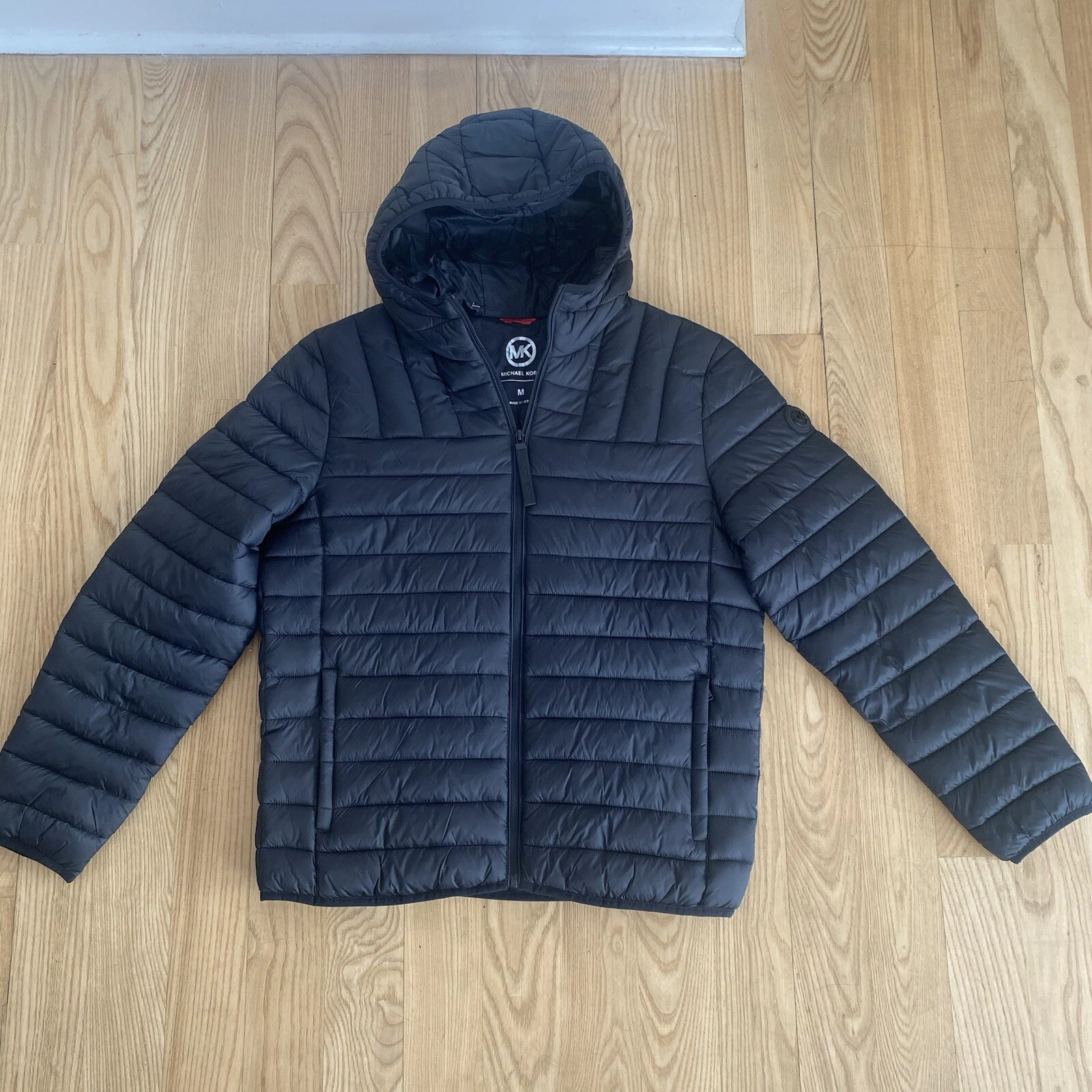 Michael Kors Black Quilted Jacket with Hood Packable Puffer Mens NYC MK M