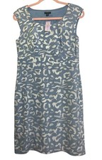 Ann Taylor Silk Dress Sz 8 Petite Blue Ivory Leopard Print  Sleeveless Sheath 8P