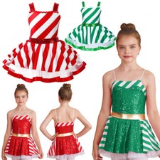 Kids Christmas Cutie Candy Tutu Princess Dress Figure Ice Roller Skating Dress