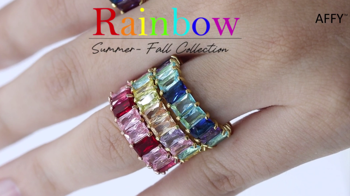 アクセサリー MHT Rainbow Multicolored Ring #12 Eternity Rainbow Ring Emerald Cut Multi Color Gemstone 14K Gold