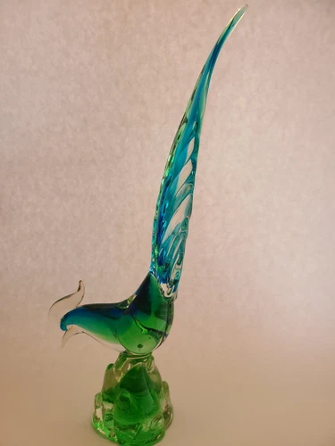 Vintage Mid Century Murano Art Glass Pheasant Bird 16" Blue Green