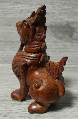 Vintage Pair Chinese Dogs Foo, Brown Hand Carved Wooden, Dragons/Lions Figurines - Picture 11 of 17