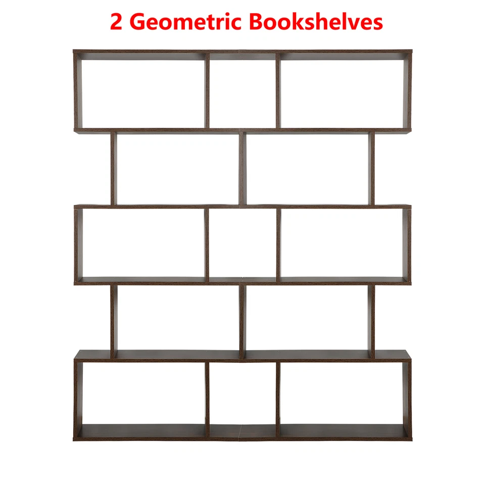 2×5-Tier Bookshelf Wood Geometric Bookcase Freestanding S-Shaped Display Shelves - Image 4 of 4