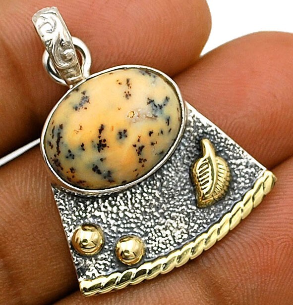 Natural Two Tone Yellow Dendrite Opal 925 Sterling Silver Pendant Jewelry