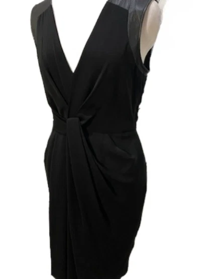 HALSTON Heritage Mujer LBD Negro Cuero Cortina Contraste Vestido Talla 2 Trajes de Lujo Foto 3 de 4
