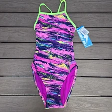 TYR The Finals Sassy  Non Foil Stripe Pink Women's  1 Piece Swim Size 34 New