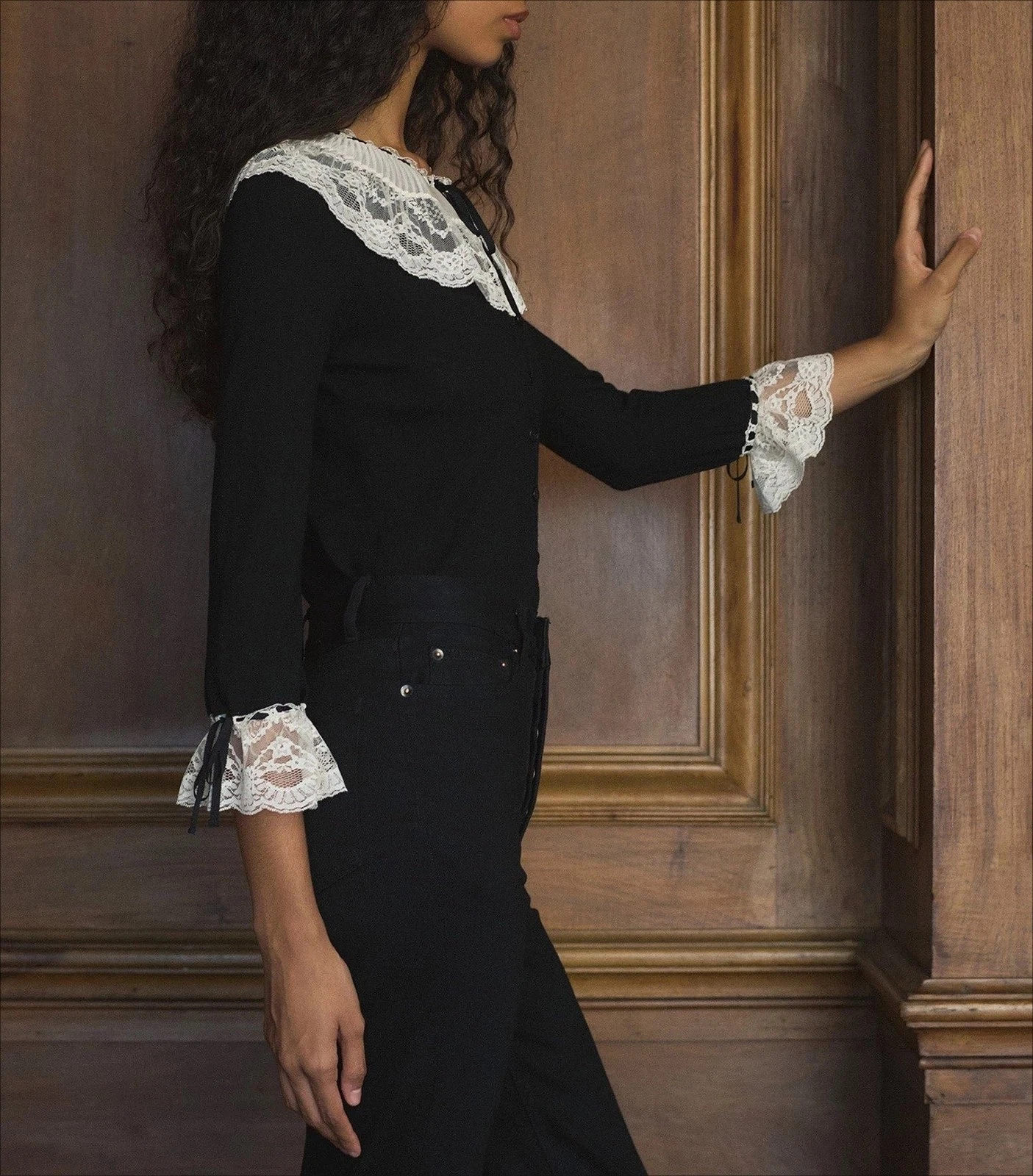 Women Doen Collared Lace Long Sleeve Knit Slim Sweater Top