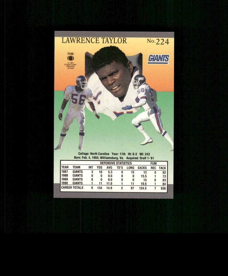 1991 Fleer Ultra #224 Lawrence Taylor Football Card New York Giants - Image 2 of 2