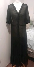 SIZE 12 BLACK DOBBY SPOT SHEER TIERED BUTTON UP MIDI DRESS. SHORT PUFFED SLEEVES