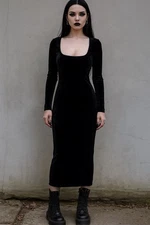 Torn Ronny Kobo Women Black Velvet Witchy Scoop Neck Goth Dress Size M NWT