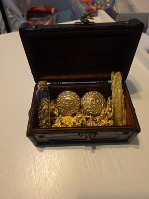 Nordic Gold Pirate Treasure Chest 7 X3.5 X4 Display Piece Wooden Box!! Coins + 