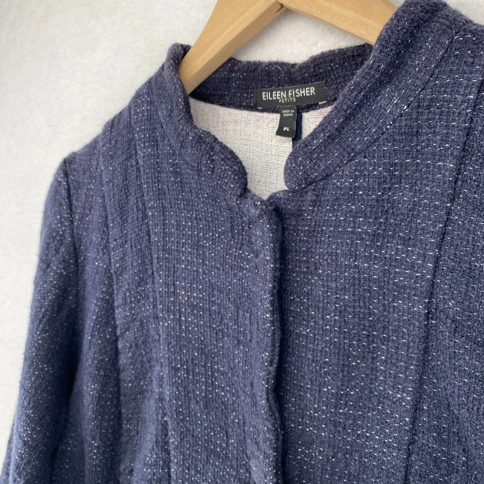 EILEEN FISHER Jacket PL Petite Cotton Linen Tweed Blazer Mandarin Blue - Image 2 of 4