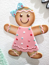 Christmas Pink Gingerbread Girl Ornament Wreath Tabletop Metal Wall Sign 13"x10