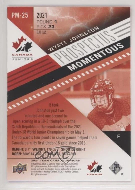 2021 Team Canada Juniors Prospectus Momentous Electric Red /275 Wyatt Johnston - Image 2 of 2