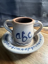 Rowe Pottery Works 1990 Salt Glaze Cobalt Blue Child’s ABC’s•Numbers Cup & Bowl 
