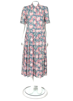LAURA ASHLEY Vtg 80s Cottagecore Floral Blue Rose Pleated Collared Dress M /380