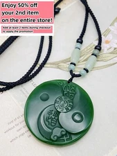 Jade Tai Chi diagram Charm Pendant Necklace W/ Bead Cord Chain Handmade Gemstone
