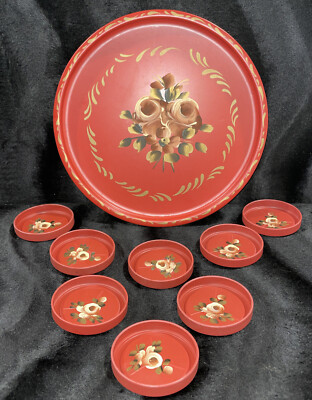 9 Pc VTG Hand Painted Metal Tole Tray Red Flowers E.T. Nash 11  Round Toleware