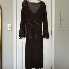 Pretty Little Thing Plus Crochet Long Sleeve Beach Dress in Chocolate
