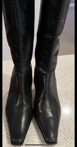 Anne Klein Women's 7 1/2 Blk Leather Knee Boots Pointed Toe Zip Up Kitten Heel - Photo 1 sur 4