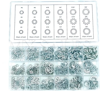CALHAWK 720pc ASSORTMENT SPRING LOCK EXTERNAL & INTERNAL TOOTH LOCK WASHER SET 18 SIZES