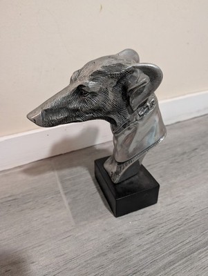 Metal Greyhound Dog Bust Figurine Silver Tone Decorative Sculpture on Black Base