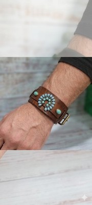 Western Style Leather Cuff Bracelet  Adjustable With Faux Turquoise Concho 