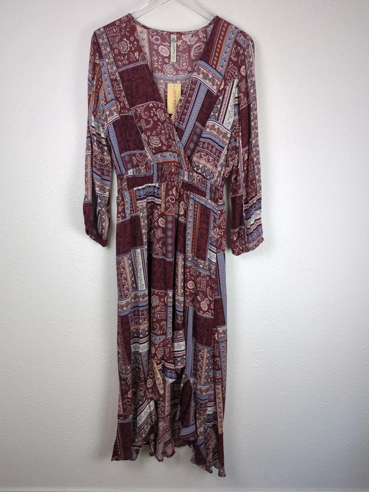 American Rag Dress L Burgundy Floral Bohemian Ruffled Fit & Flare Maxi Hi Lo Hem - Image 2 of 4