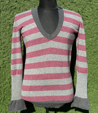 Rare Brunello Cucinelli 100% Cashmere Striped V Neck Bell Cuff Sweater Size L XL
