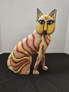 VTG Hand Carved & Painted Wooden Folk Art Rustic 10.5" Cat Blue Eyes Whiskers