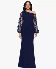 Betsy & Adam Navy Blue One Shoulder Sheer Embroidered Long Sleeve Size 14 $279