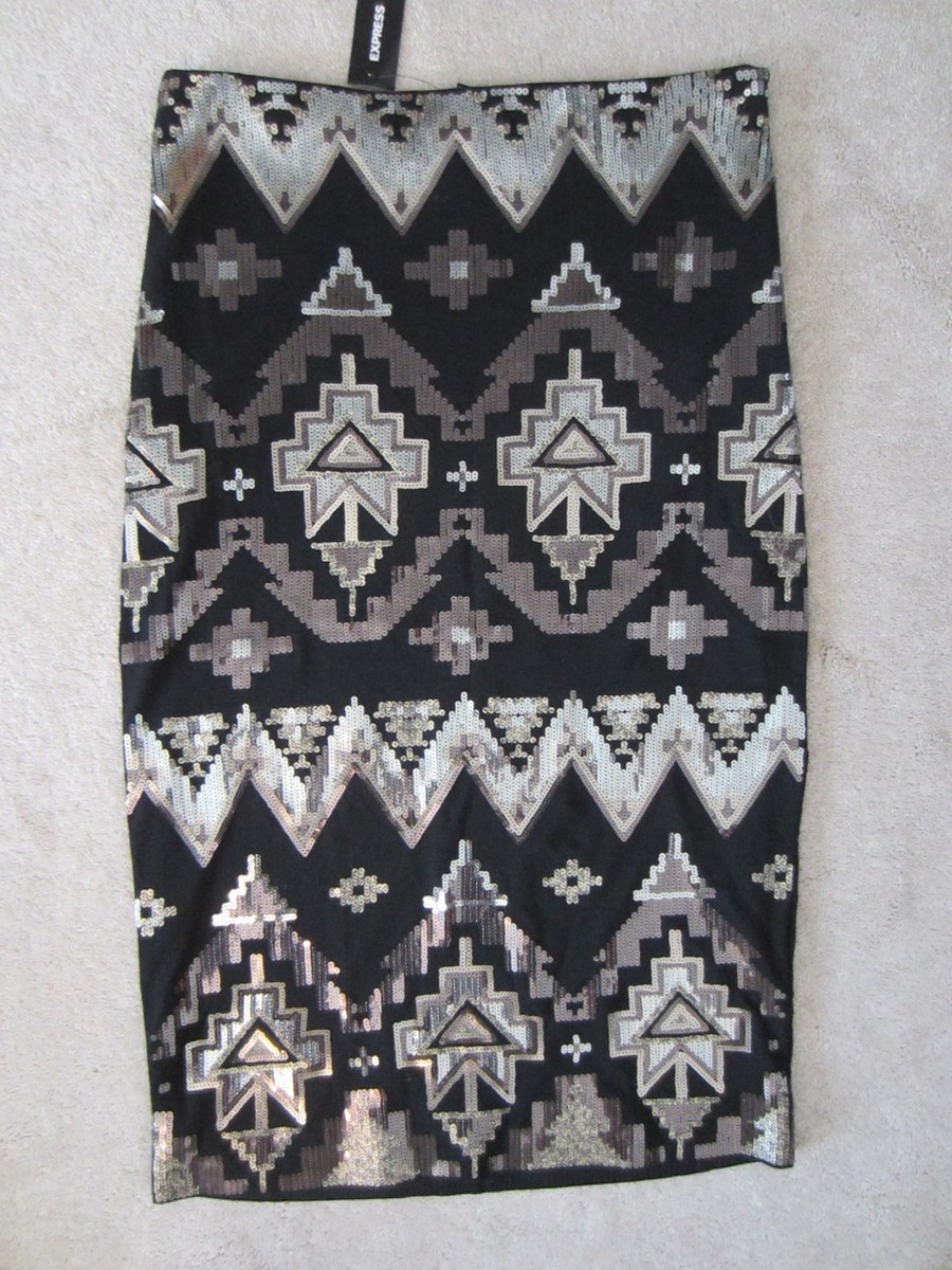 Aztec Black Sequin Skirt Express WOMENS EXPRESS AZTEC SEQUIN