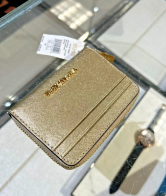 Michael Kors Leather Zip Around Card Case Coin Pouch Keychain Ring