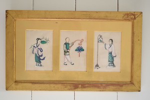 Set of Three Antique Chinese Pith Paper Paintings, Oriental Rice Paper Paintings
