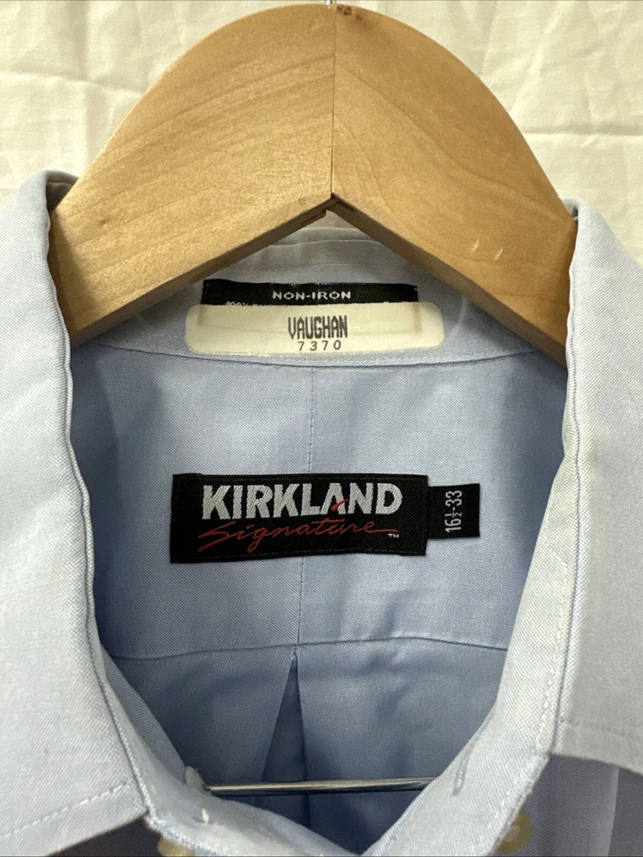 Lot (2) Kirkland Signature Non-Iron Dress Shirt Men’s 16.5-33 blue Striped/Solid - Image 3 of 4