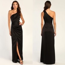 NWT Lulus Dreaming of Elegance Black Satin One-Shoulder Maxi Dress Size XL