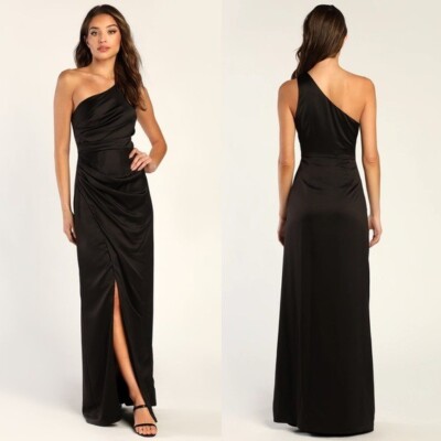 NWT Lulus Dreaming of Elegance Black Satin One-Shoulder Maxi Dress Size XL  | eBay